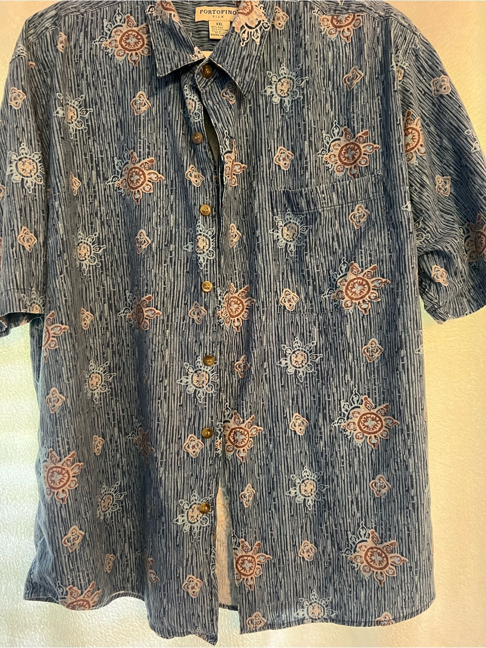 Blue Patterned Short-Sleeve Button-Down Shirt 80% Silk - Picture 2 of 6